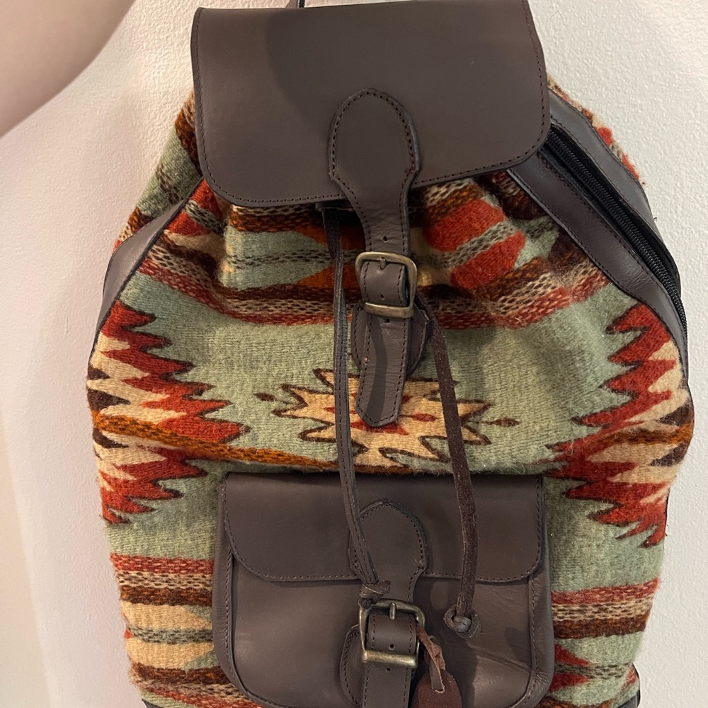 Manos Zapotecas Leather Brown and Red Backpack with Geometric Design